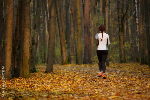 Picture from back of young sports woman in running through forest