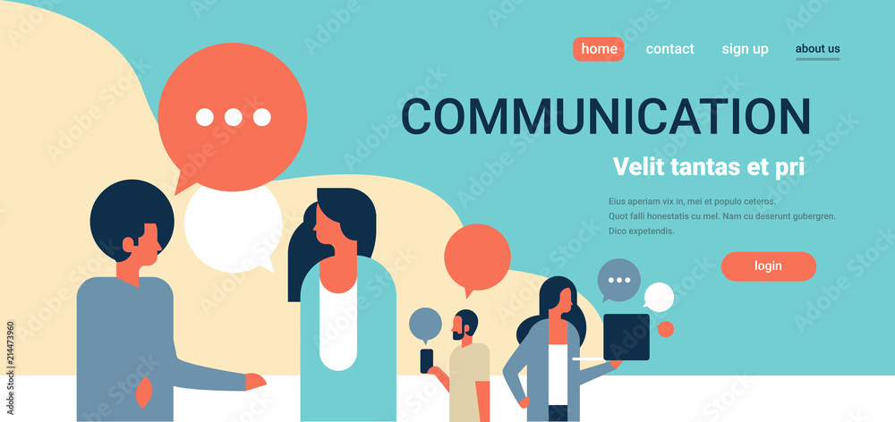 people chat bubbles communication speech dialogue man woman character portrait horizontal copy space flat vector illustration