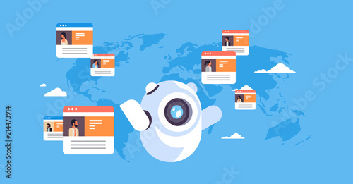 robot chatbot online messenger global people communication application concept over world map background flat horizontal vector illustration