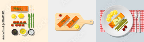 Set of salmon steak recipe , preparation cooking and plating , vector , illustration