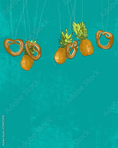 Pineapples and brezeln on the blue background