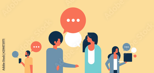 people chat bubbles communication speech dialogue man woman character background portrait horizontal flat vector illustration