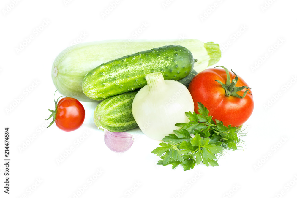 Fresh vegetables. Tomatoes, onion, zucchini, cucumber, garlic, parsley, food ingredients, isolated on white Fresh vegetables. Tomatoes, onion, zucchini, cucumber, garlic, parsley, food ingredients, isolated on white