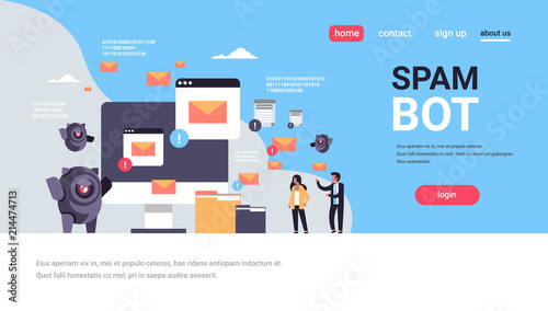 spam bot email spamming attack robot computer application internet spammer concept artificial intelligence flat horizontal banner copy space vector illustration