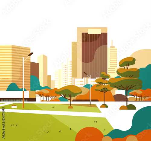 urban city park skyscraper buildings view modern cityscape downtown flat vector illustration