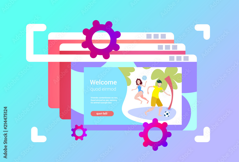 website browser windows interface couple playing beach games female male activity cartoon character frame focusing full length horizontal copy space flat vector illustration
