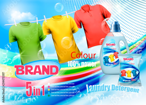 Laundry detergent ad. Plastic bottle  and colorful shirts on rope. Design template. Vector
