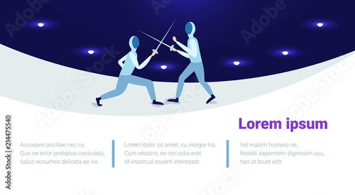 fencing man mask training duel swordsman arena male activity cartoon character full length horizontal copy space flat vector illustration