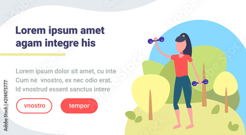 sportswoman doing physical jerks landscape background female sport woman fitness activity cartoon character full length horizontal copy space flat vector illustration