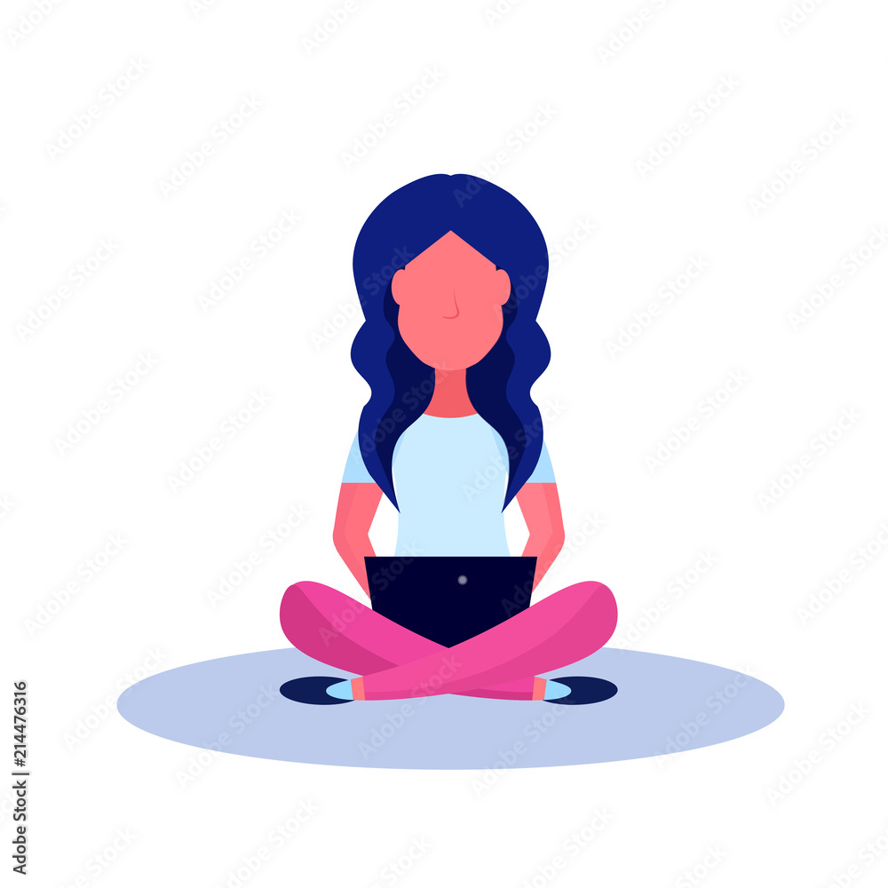 young woman sitting pose isolated using laptop female cartoon character full length flat vector illustration