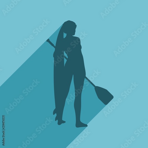 Woman posing with surfboard and paddle. Vintage surfing graphic and emblem for web design or print. Stand up paddle boarding. Web icon with long shadow