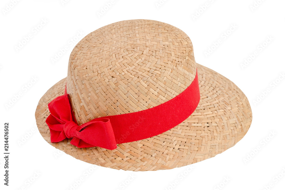 Vintage retro hat, Straw hat with red ribbon and bow fashion for 