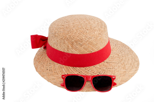 Foto Hat, Straw hat with red ribbon and bow and sunglasses fashion for lady, women in summer season isolated on white background with clipping path