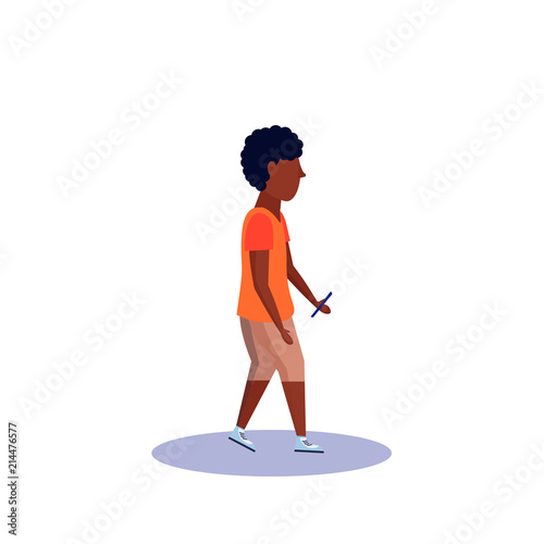 african american school boy profile isolated using smartphone male cartoon character full length flat vector illustration