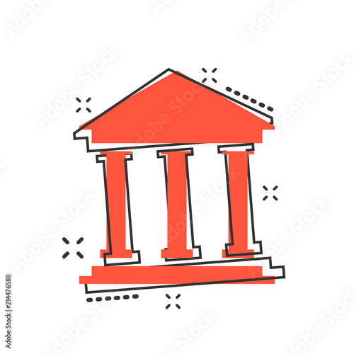 Vector cartoon bank building icon in comic style. Museum sign illustration pictogram. Building business splash effect concept.