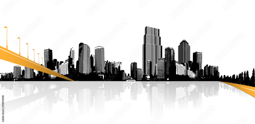 Black and white cityscape with water reflection and orange bridge. - obrazy, fototapety, plakaty 