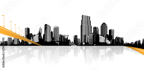 Black and white cityscape with water reflection and orange bridge.