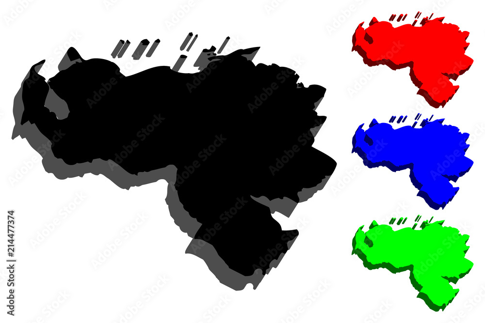 3D map of Venezuela (Bolivarian Republic of Venezuela) - black, red, blue and green - vector illustration