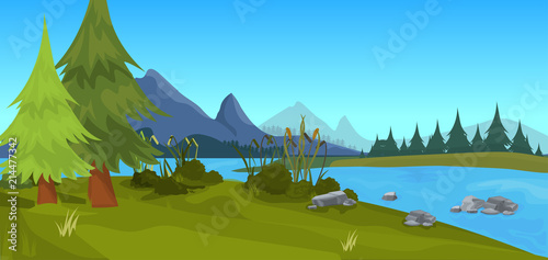 landscape forest mountain river outdoor nature background flat horizontal vector illustration