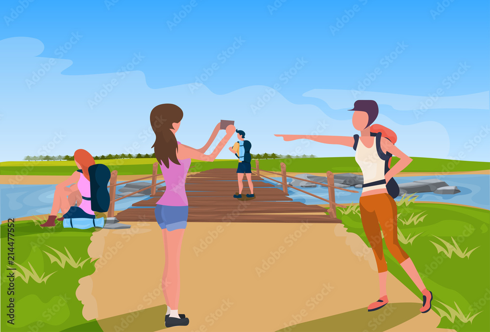 tourist relaxation photographing wooden bridge across river mountain landscape background expedition concept flat vector illustration