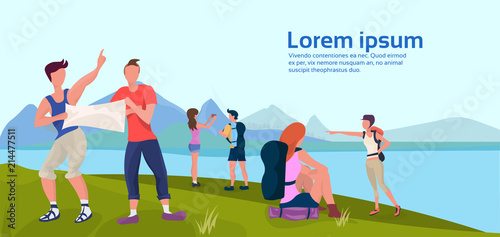expedition group hold map camping activities trying find way landscape forest mountain river outdoor nature background man woman cartoon character flat horizontal copy space vector illustration