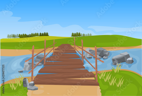 wooden bridge across river mountain landscape background flat vector illustration