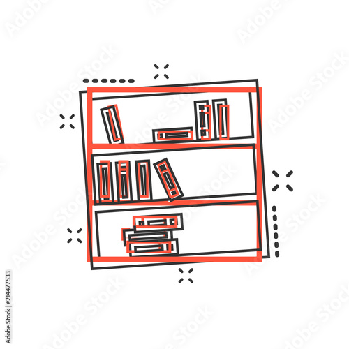 Vector cartoon bookcase furniture icon in comic style. Furniture sign illustration pictogram. Bookshelf business splash effect concept.
