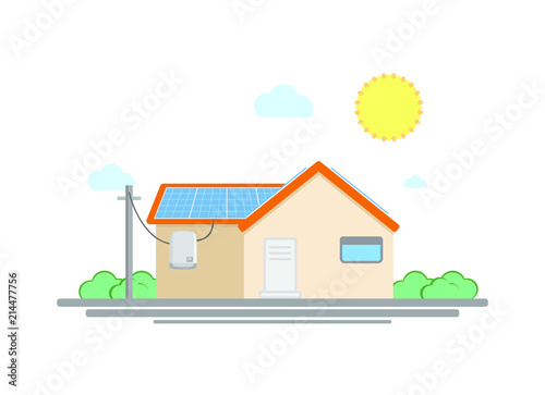 Green energy house with solar panel in flat design - Solar Energy Concept Image.