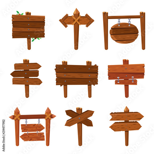 Cartoon wooden arrows. Vintage wood sign boards and arrow signs. Isolated signpost vector set