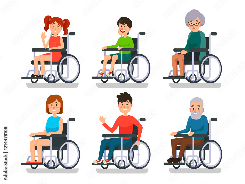 Persons in wheelchair. Hospital patient with disability. Disabled boy and girl, man woman and old people in wheelchairs vector set