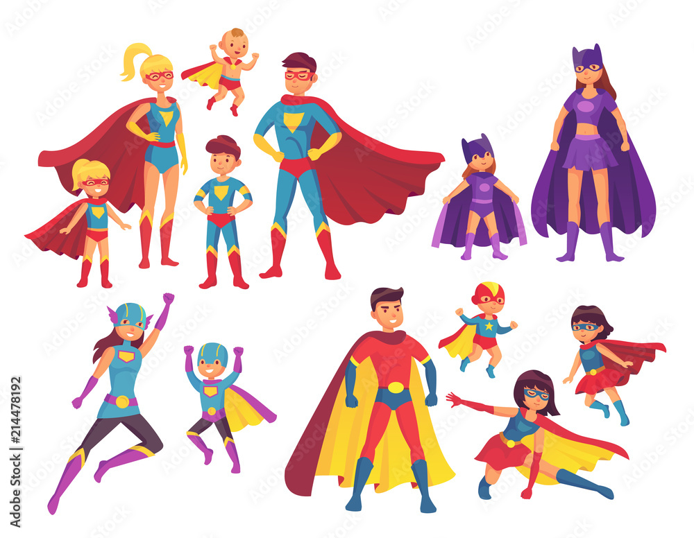 Superhero family characters. Superheroes character in costumes with hero cape. Wonder mom, super dad and children heroes vector set