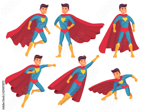 Cartoon superhero character. Muscular male standing in super cool pose in superheroes costume with waving cloak. Hero vector collection