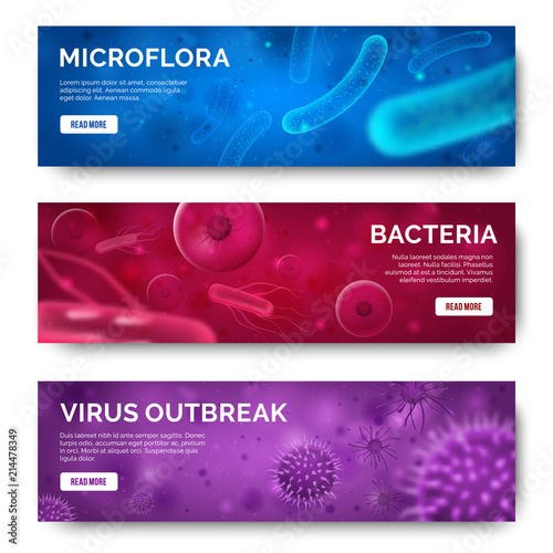 Bacteria banners. Viruses, 3d microscopic infection bacterium cells, flu germ. Microbiology vector concept