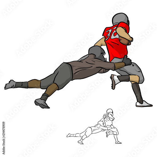 American football players tackling opposing player with ball vector illustration sketch doodle hand drawn with black lines isolated on white background