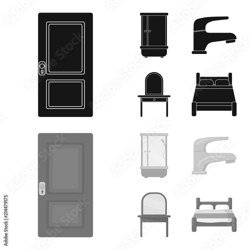 Door, shower cubicle, mirror with drawers, faucet.Furniture set collection icons in black,monochrom style vector symbol stock illustration web.