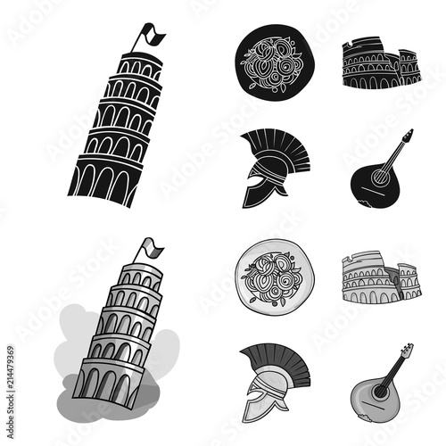 Pisa tower, pasta, coliseum, Legionnaire helmet.Italy country set collection icons in black,monochrom style vector symbol stock illustration web.