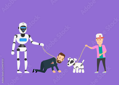 robot with businessman and man with robotic dog on a leash