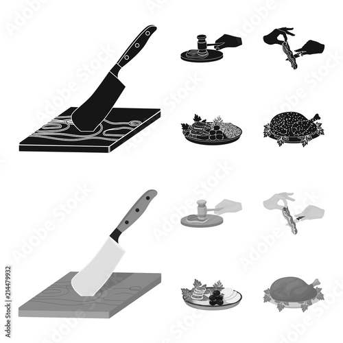 Cutlass on a cutting board, hammer for chops, cooking bacon, eating fish and vegetables. Eating and cooking set collection icons in black,monochrom style vector symbol stock illustration web.