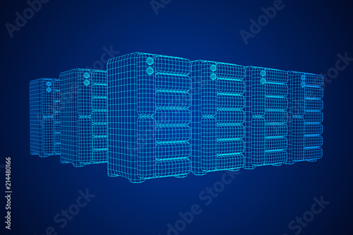Hardware equipment telecommunication server. Data center storage room object. Computer database tower. Internet industry cluster. Wireframe low poly mesh vector illustration