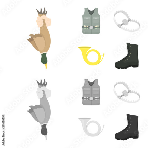A trophy in his hand, a steel trap, a hunting vest with patronage, a horn..Hunting set collection icons in cartoon,monochrome style vector symbol stock illustration web.
