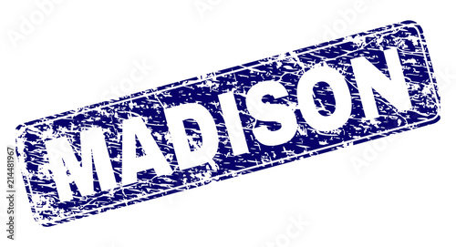 MADISON stamp seal print with grunge texture. Seal shape is a rounded rectangle with frame. Blue vector rubber print of MADISON label with grunge texture.