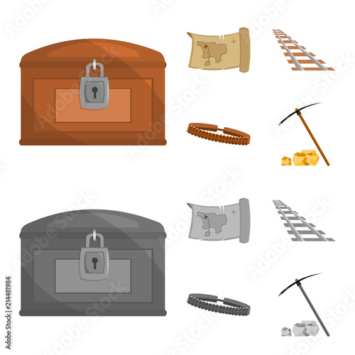 Treasure map, chest, rails, patrol.Wild west set collection icons in cartoon,monochrome style vector symbol stock illustration web.