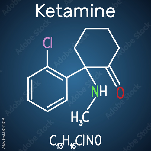 Ketamine molecule. It is used for anesthesia in medicine. Structural chemical formula and molecule model on the dark blue background