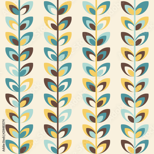 Midcentury geometric retro background. Vintage brown, mustard yellow and teal colors. Seamless floral mod pattern, vector illustration. Abstract retro midcentury 60s 70s background. Retro wallpaper.