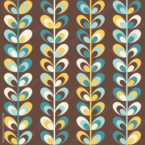 Midcentury geometric retro background. Vintage brown, mustard yellow and teal colors. Seamless floral mod pattern, vector illustration. Abstract retro midcentury 60s 70s background. Retro wallpaper.