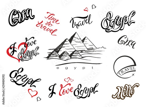 Egypt. Set of elements for design. Giza. Pyramid sketch. Hand drawing. Inspiring lettering. Templates. Travel. Tourism industry. Vector.