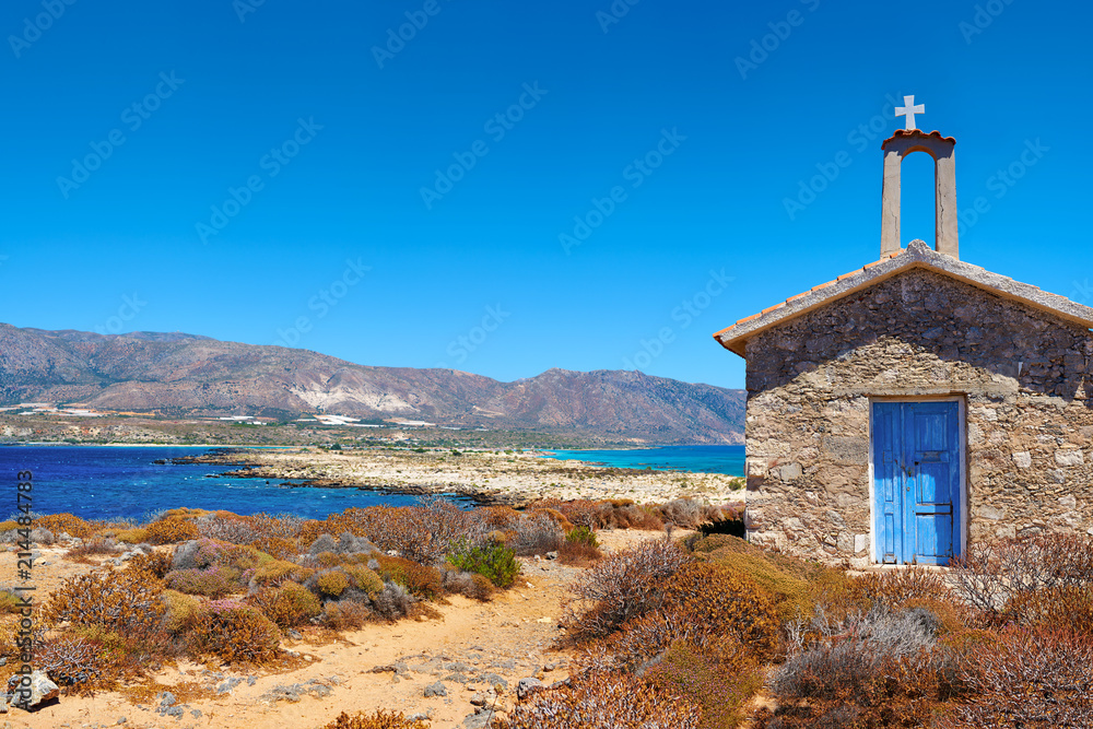 Panoramic view of the magnificent old Greek church on the island of Elafonisi in Crete in Greece