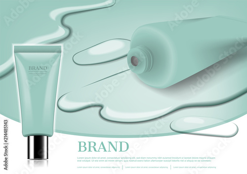 Opened facial foam with liquid and sample foam, cosmetic ad