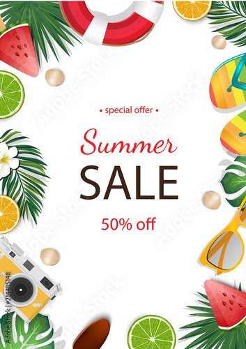 Fototapeta Naklejka Na Ścianę i Meble -  Summer sale background with tropical palm and plumeria, Lifebuoy, flip flops.