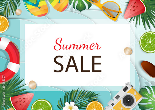 Fototapeta Naklejka Na Ścianę i Meble -  Summer sale background with tropical palm and plumeria, Lifebuoy, flip flops.